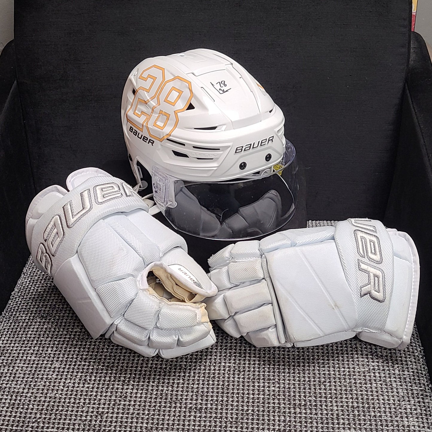 25-26 Autographed White Out Helmets and Glove Set