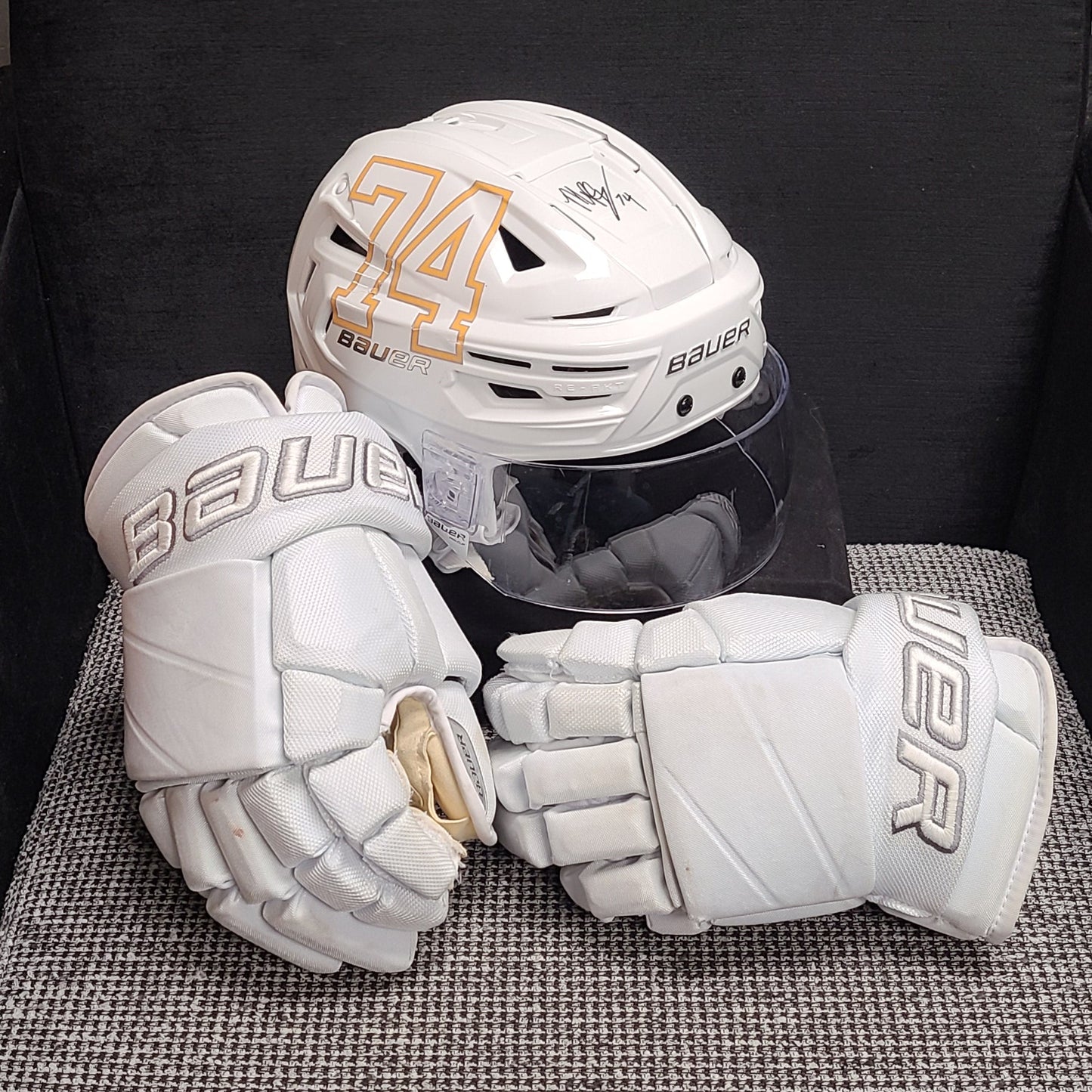 25-26 Autographed White Out Helmets and Glove Set