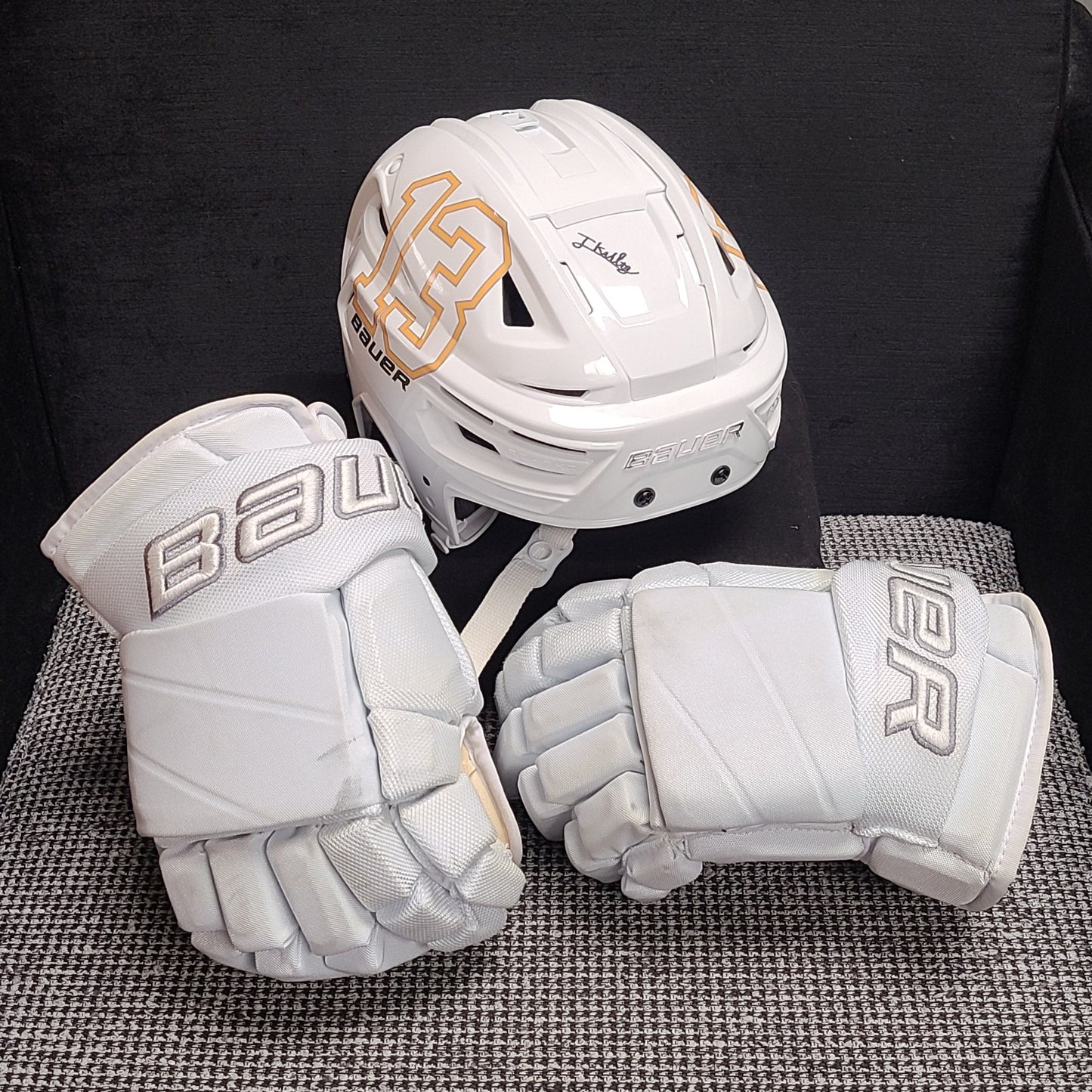 25-26 Autographed White Out Helmets and Glove Set