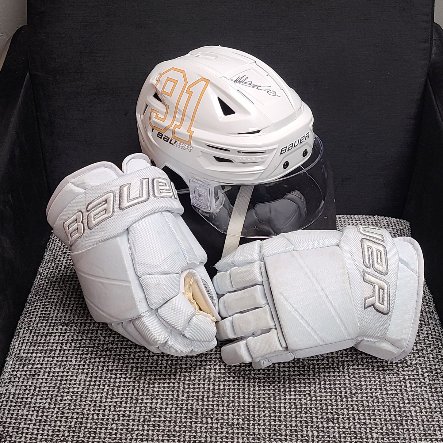 25-26 Autographed White Out Helmets and Glove Set