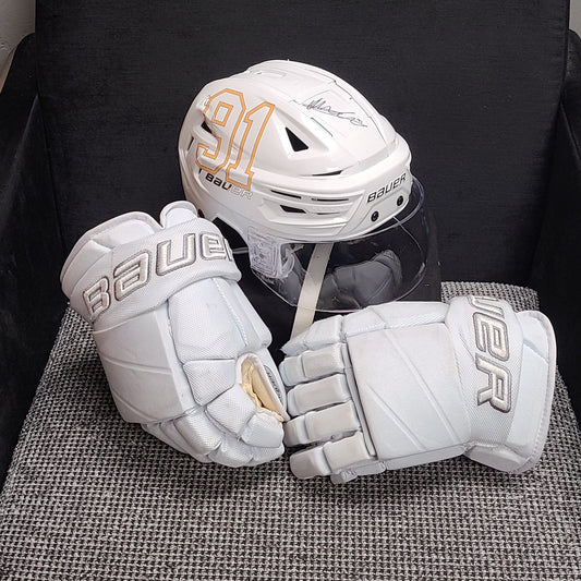 25-26 Autographed White Out Helmets and Glove Set
